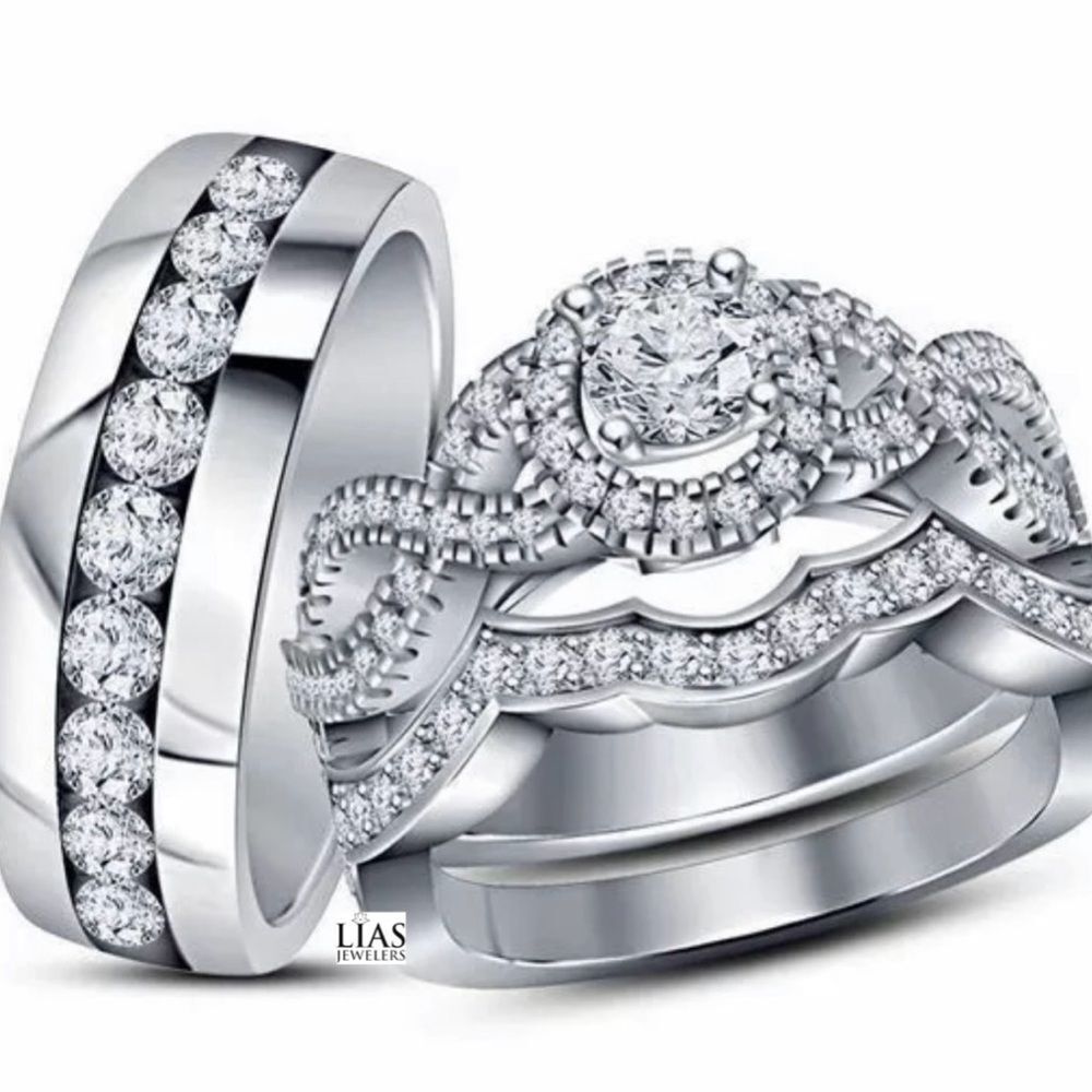 New 18k white gold wedding ring set His and Hers set